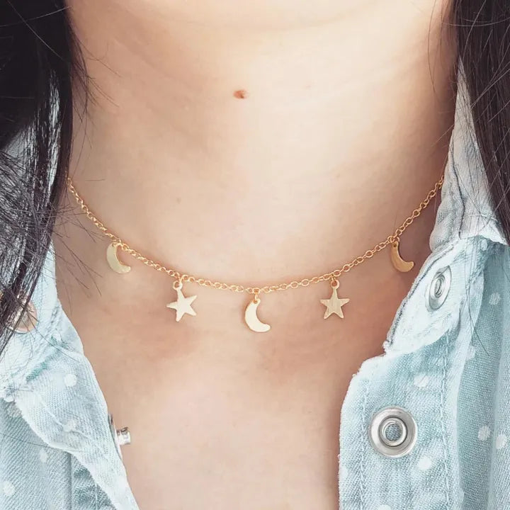 Gold Star Moon Choker Necklace